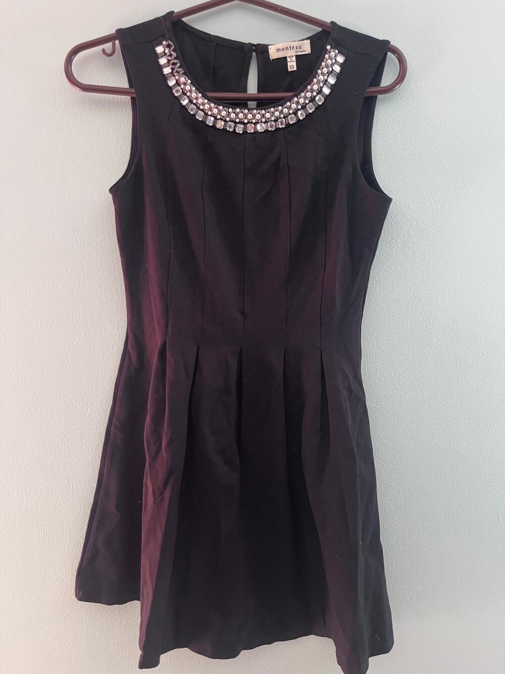 Monteau Black Rhinestoned Pleated Skater Dress